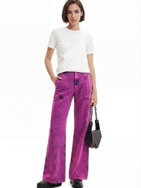 Desigual x Maitrepierre Wide-Leg Magenta Acid Wash Jeans XS High-Rise Cotton New